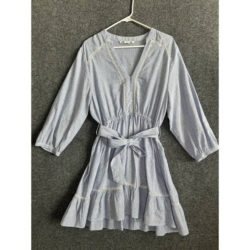 Zara Long Sleeve Linen Blend Dress - Blue White Striped V-Neck  - Womens LARGE - Picture 4 of 14